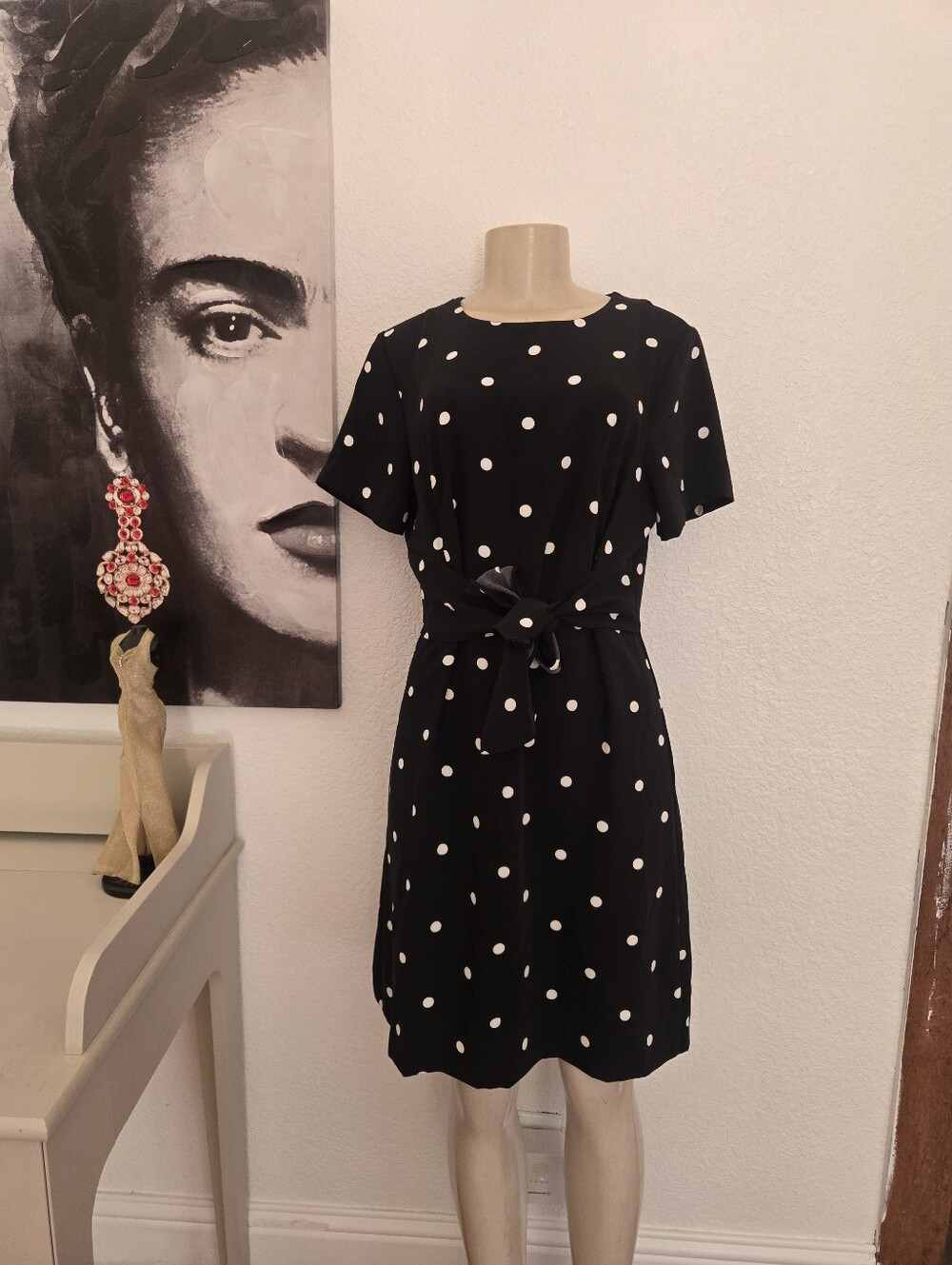 NWT Womens Ann Taylor Polka Dot Tie-Waist Dress - Black & White Size 8